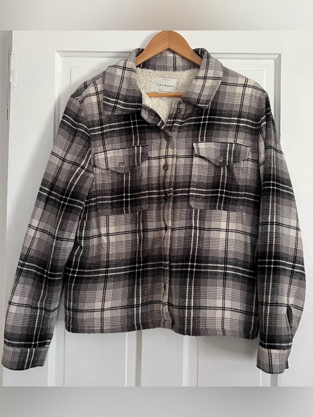 Lucky Brand Women’s Medium Jacket Plaid Sherpa Lined Flannel Cotton Shacket